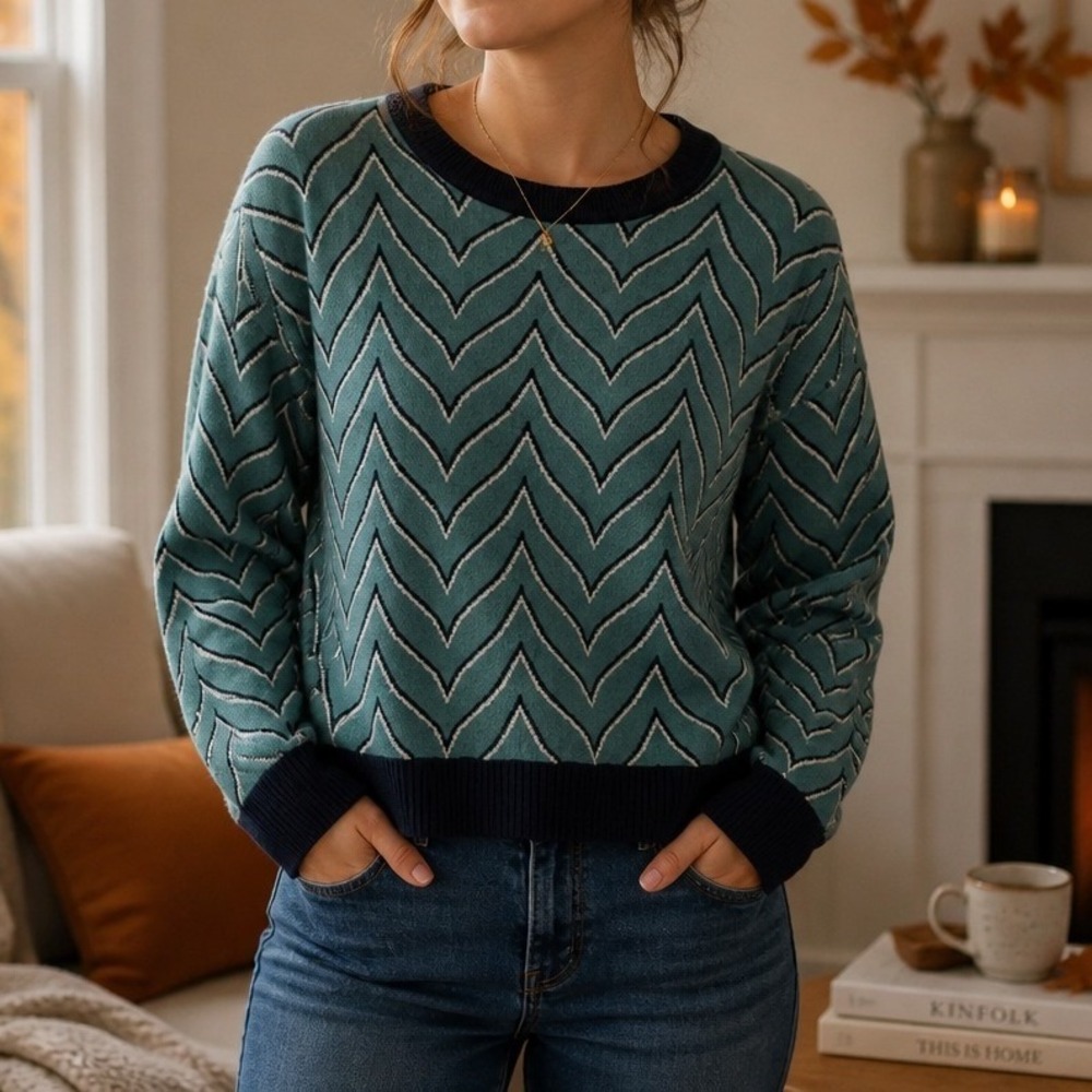Palava Chevron Knit Sweater Women XL Teal Navy 100% Organic Cotton Retro Mod MCM